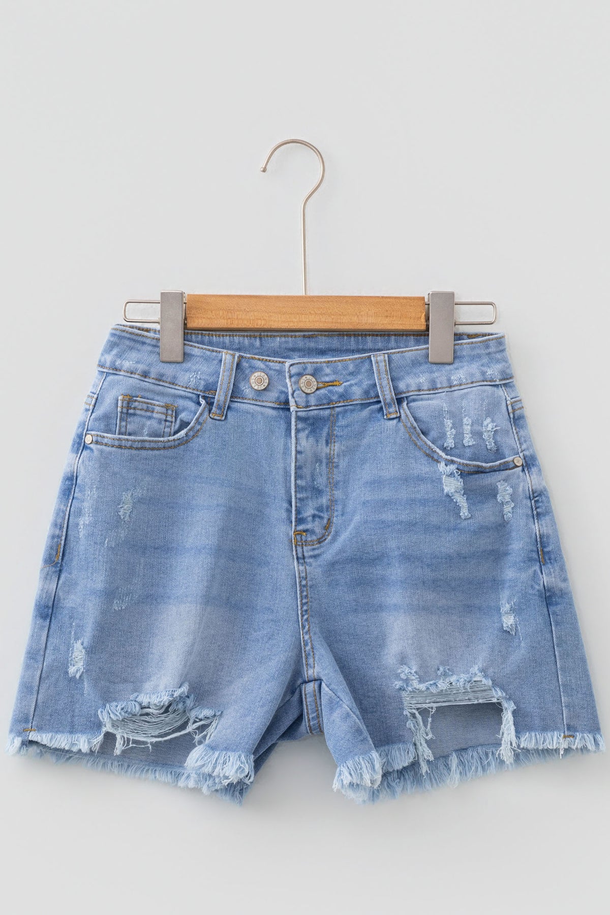 Sail Blue Asymmetric Raw Hem Distressed Whiskery Denim Shorts