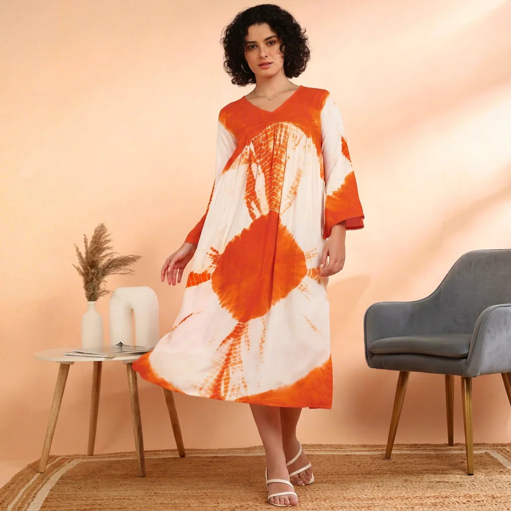 Women Midi Hand Tie Dye Rayon A-Line Flared Dress Quick Dry Breathable Eco-Friendly Summer Party Casual Daily Wear