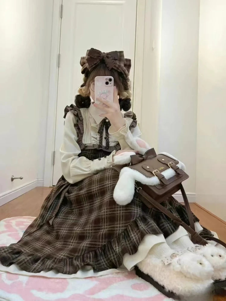 France Elegant Vintage Plaid Dress Women Design Fashion Slim Lace Up Bow Long Sleeve Dresses Female Warm Retro Patchwork Outfits