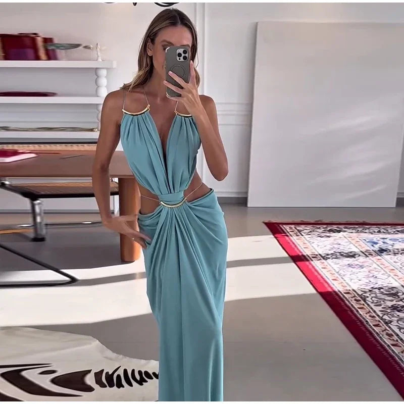 Sexy Hallow Out Long Party Dress Women Slim Sleeveless Backless Chic Pleated V-neck Ring Dresses Female 2026 Summer Lady Robe