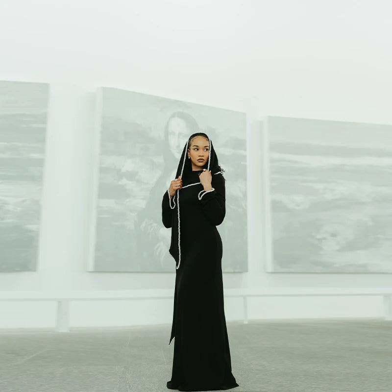White Pearl Trim Cape Maxi Dress Women Elegant Long Sleeve Cinched Waist Muslim Robes 2026 Spring EID Abaya Lady Dresses