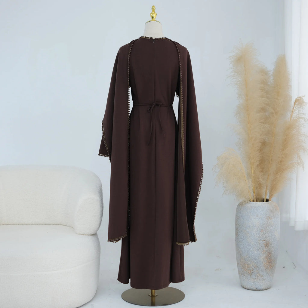 White Pearl Trim Cape Maxi Dress Women Elegant Long Sleeve Cinched Waist Muslim Robes 2026 Spring EID Abaya Lady Dresses