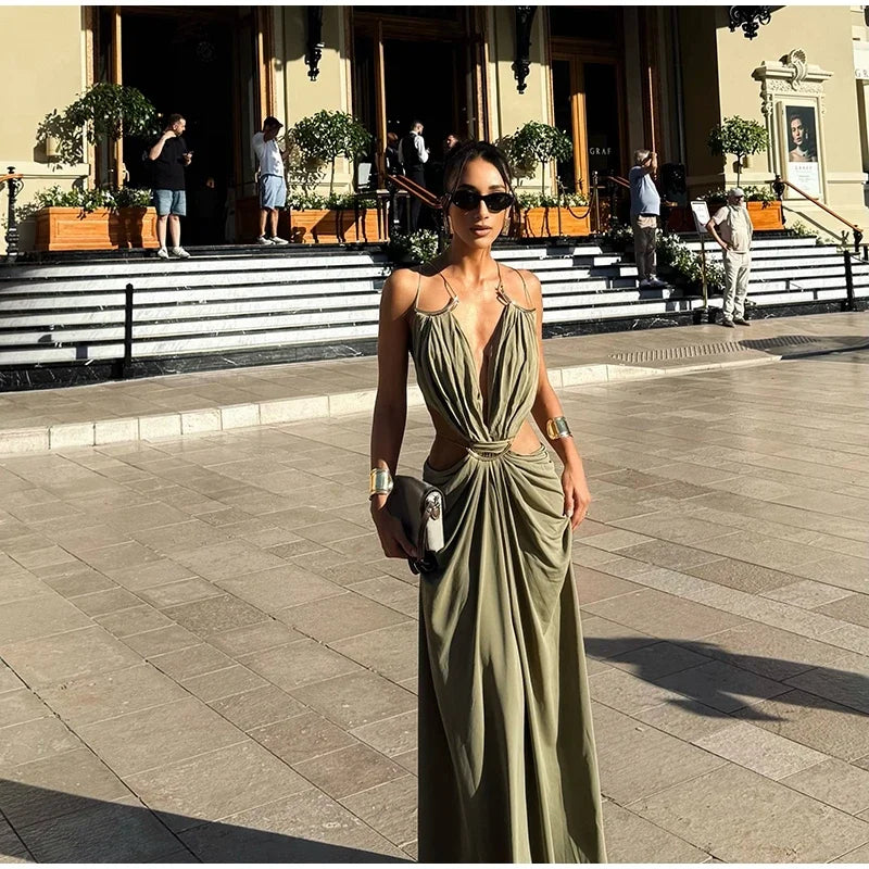 Sexy Hallow Out Long Party Dress Women Slim Sleeveless Backless Chic Pleated V-neck Ring Dresses Female 2026 Summer Lady Robe