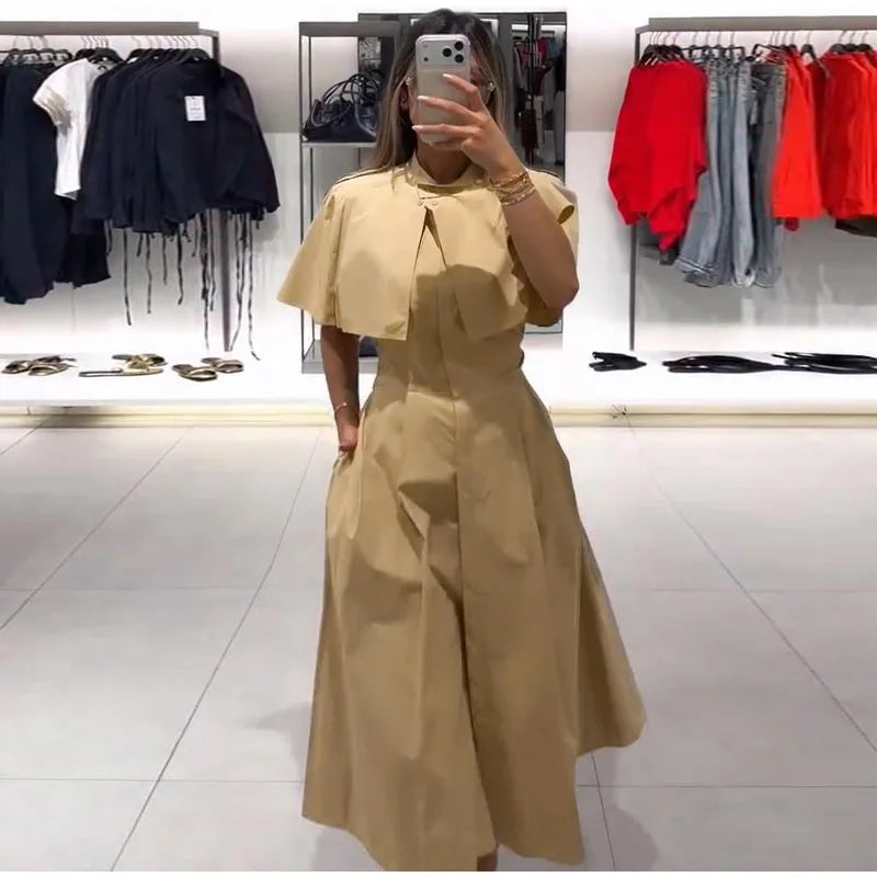 Women's Trench Style Midi Dress Stand Collar Cape Overlay Short Sleeve Belted Waist A‑Line Dresses Autumn Elegant Office Outfits