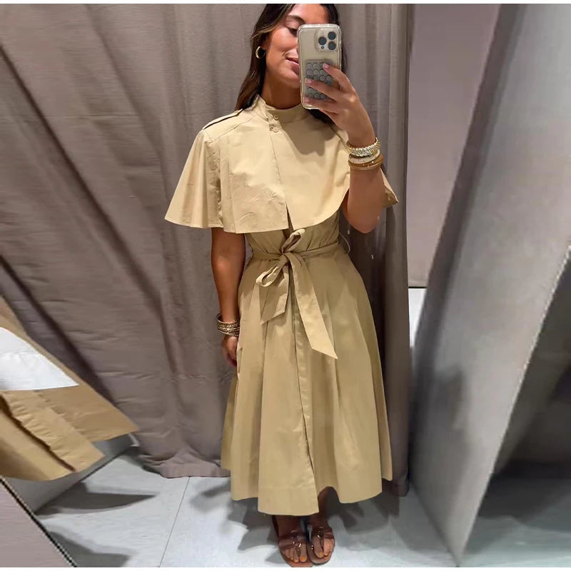 Women's Trench Style Midi Dress Stand Collar Cape Overlay Short Sleeve Belted Waist A‑Line Dresses Autumn Elegant Office Outfits