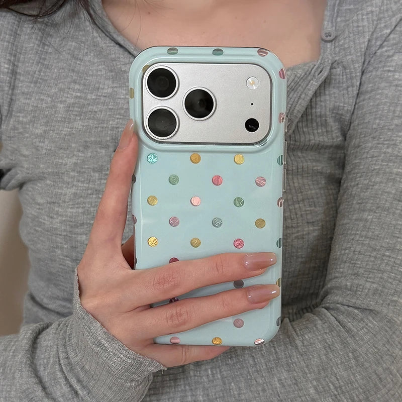 Fashion Colors Circular Dots Dual Layer Hard IMD TPU Phone Case For iPhone 17 16 15 14 13 Pro Max Shockproof Blue Back Cover
