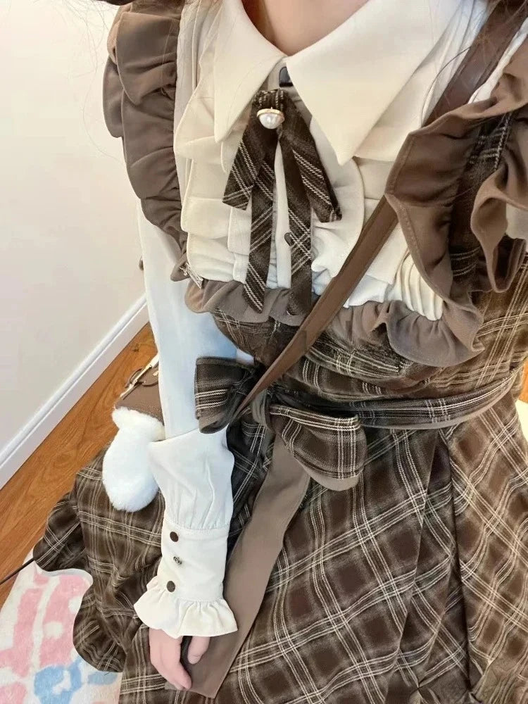 France Elegant Vintage Plaid Dress Women Design Fashion Slim Lace Up Bow Long Sleeve Dresses Female Warm Retro Patchwork Outfits