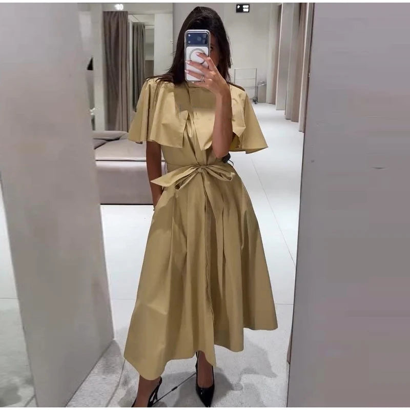 Women's Trench Style Midi Dress Stand Collar Cape Overlay Short Sleeve Belted Waist A‑Line Dresses Autumn Elegant Office Outfits