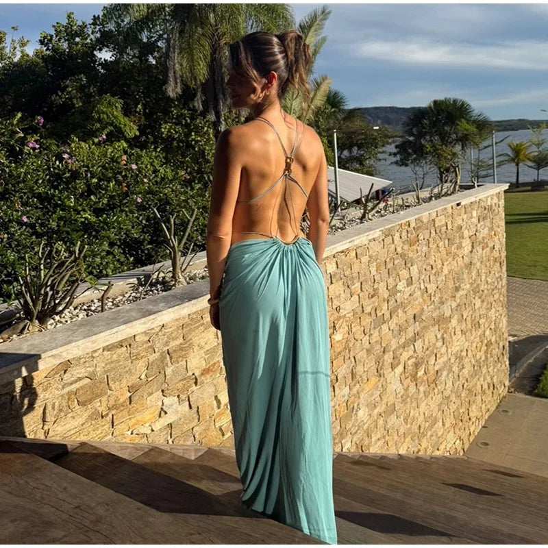 Sexy Hallow Out Long Party Dress Women Slim Sleeveless Backless Chic Pleated V-neck Ring Dresses Female 2026 Summer Lady Robe