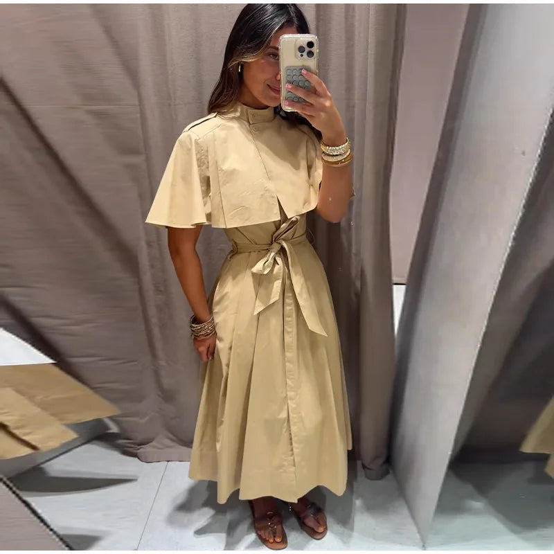 Women's Trench Style Midi Dress Stand Collar Cape Overlay Short Sleeve Belted Waist A‑Line Dresses Autumn Elegant Office Outfits