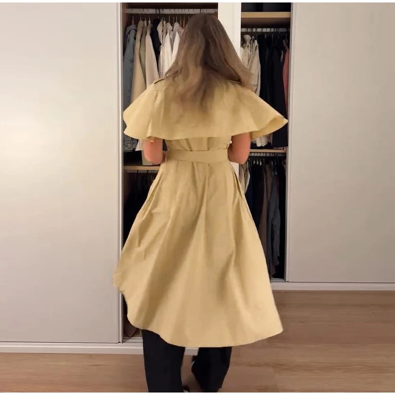 Women's Trench Style Midi Dress Stand Collar Cape Overlay Short Sleeve Belted Waist A‑Line Dresses Autumn Elegant Office Outfits