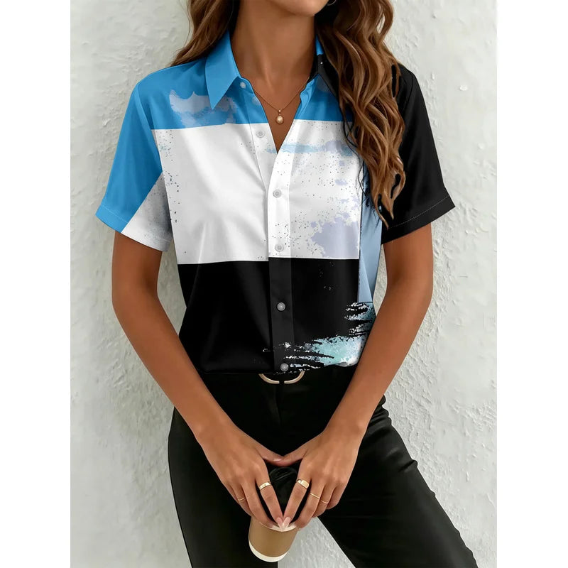 Women's Casual Short Sleeve Button Up Shirt Abstract Color Collar Top Machine Washable Non Iron Front Shirt for Spring Summer Of