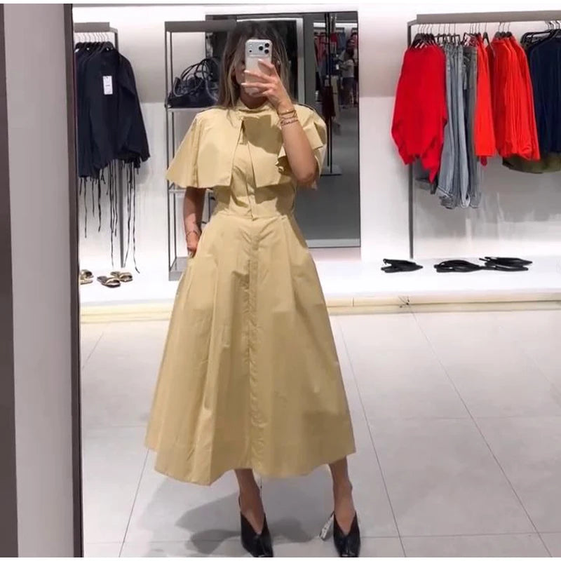 Women's Trench Style Midi Dress Stand Collar Cape Overlay Short Sleeve Belted Waist A‑Line Dresses Autumn Elegant Office Outfits