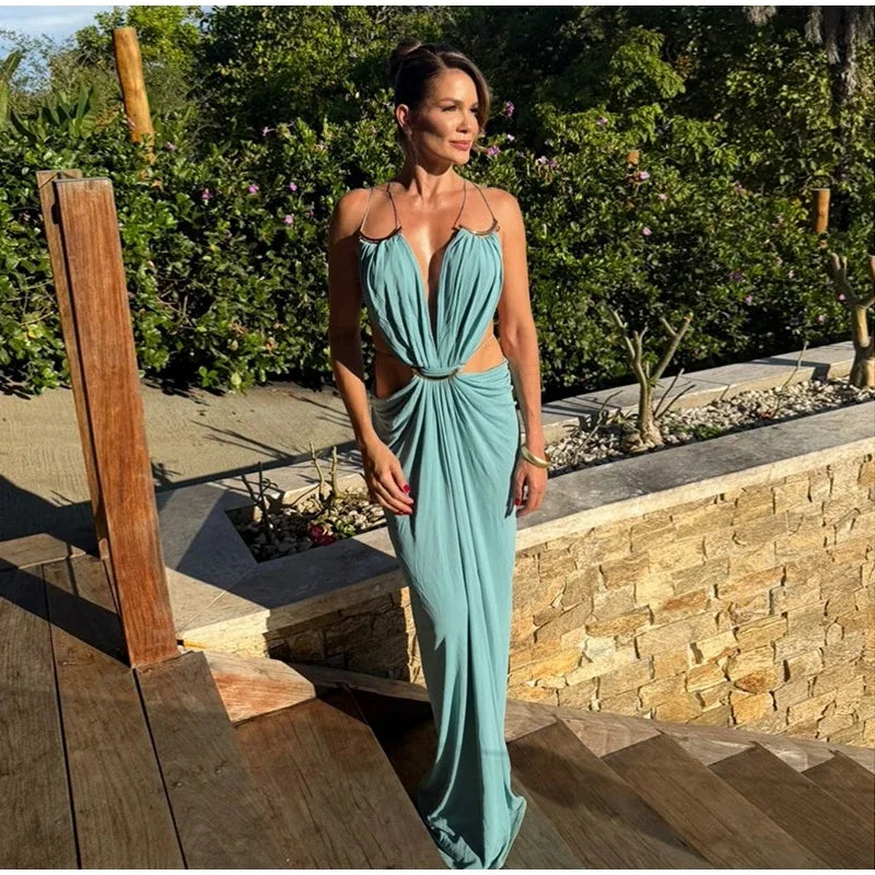 Sexy Hallow Out Long Party Dress Women Slim Sleeveless Backless Chic Pleated V-neck Ring Dresses Female 2026 Summer Lady Robe