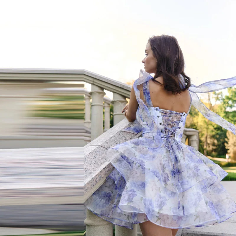 Chic Printed Mini Halter Dress A Line Mesh Lace Up Party Vestidos V Neck High Waist Club Robes Sweet Women Princess Dresses Gown