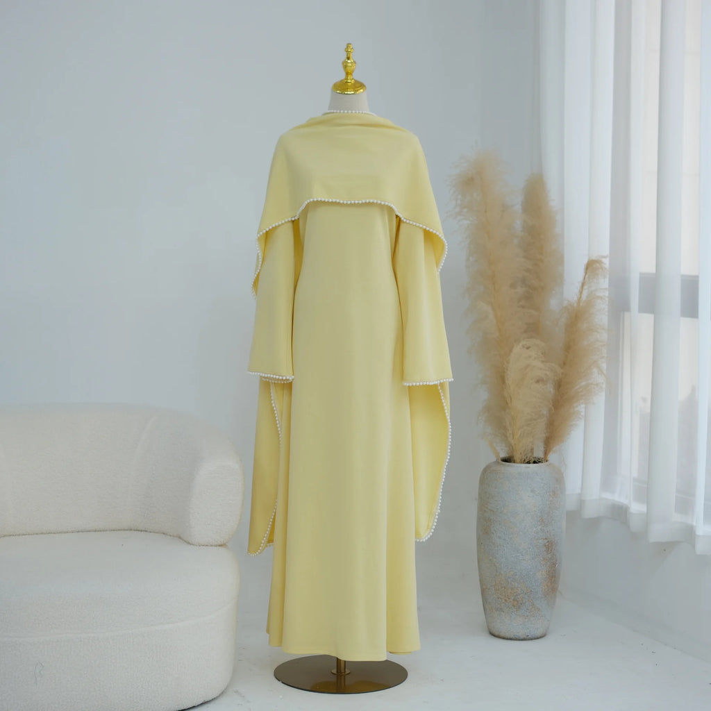 White Pearl Trim Cape Maxi Dress Women Elegant Long Sleeve Cinched Waist Muslim Robes 2026 Spring EID Abaya Lady Dresses