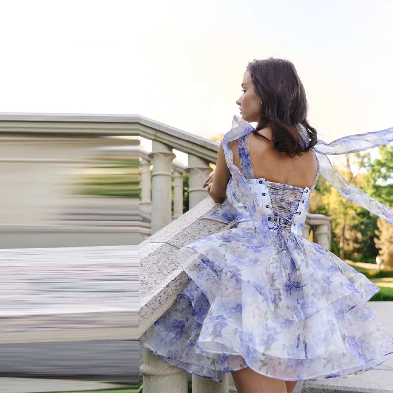 Chic Printed Mini Halter Dress A Line Mesh Lace Up Party Vestidos V Neck High Waist Club Robes Sweet Women Princess Dresses Gown