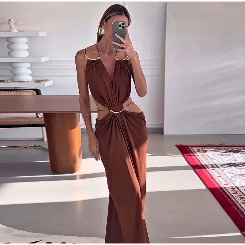 Sexy Hallow Out Long Party Dress Women Slim Sleeveless Backless Chic Pleated V-neck Ring Dresses Female 2026 Summer Lady Robe