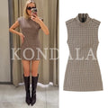 KONDALA Women Elegant Plaid Jumpsuit Dresses Vintage Chic Slim Sleeveless Mini Dress New 2026 Autumn Trendy Casual Classic Dress