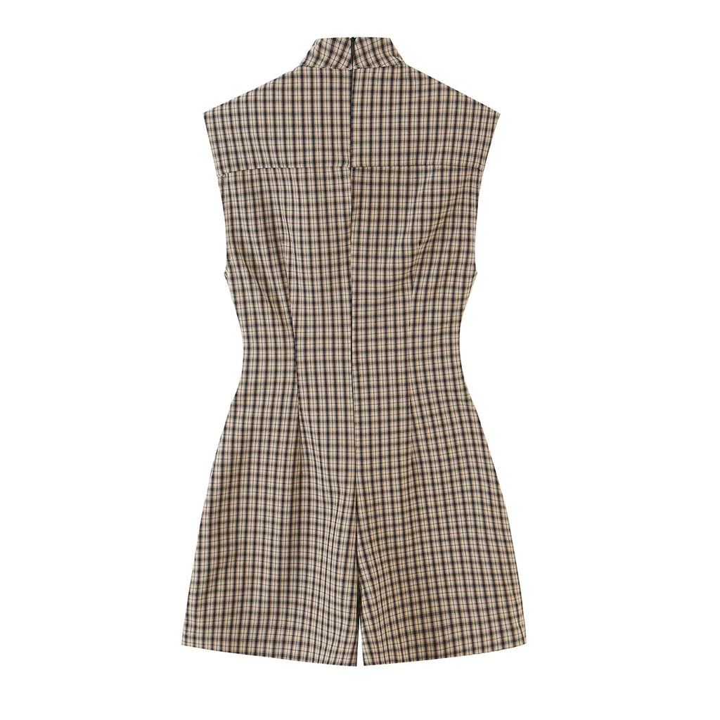 KONDALA Women Elegant Plaid Jumpsuit Dresses Vintage Chic Slim Sleeveless Mini Dress New 2026 Autumn Trendy Casual Classic Dress