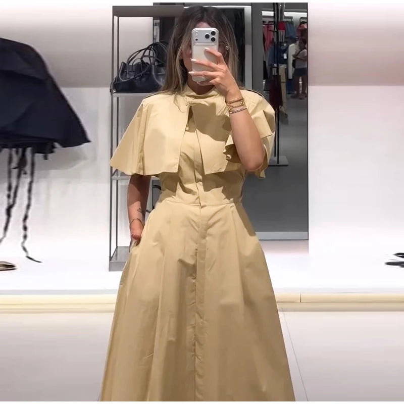 Women's Trench Style Midi Dress Stand Collar Cape Overlay Short Sleeve Belted Waist A‑Line Dresses Autumn Elegant Office Outfits