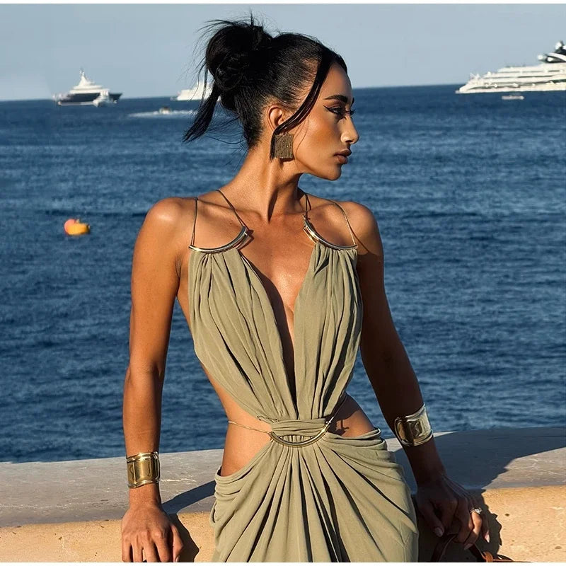 Sexy Hallow Out Long Party Dress Women Slim Sleeveless Backless Chic Pleated V-neck Ring Dresses Female 2026 Summer Lady Robe