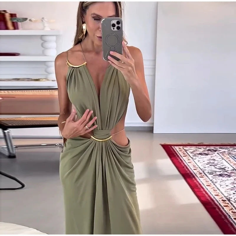 Sexy Hallow Out Long Party Dress Women Slim Sleeveless Backless Chic Pleated V-neck Ring Dresses Female 2026 Summer Lady Robe