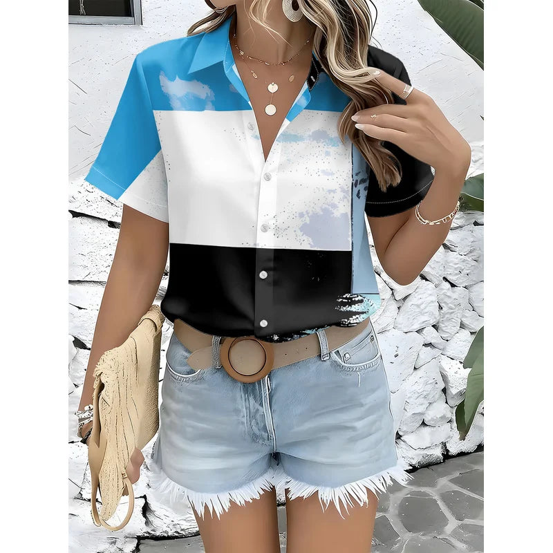 Women's Casual Short Sleeve Button Up Shirt Abstract Color Collar Top Machine Washable Non Iron Front Shirt for Spring Summer Of