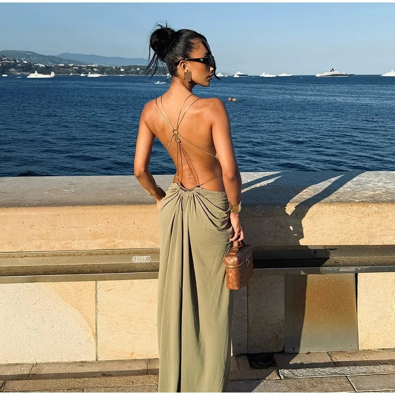 Sexy Hallow Out Long Party Dress Women Slim Sleeveless Backless Chic Pleated V-neck Ring Dresses Female 2026 Summer Lady Robe