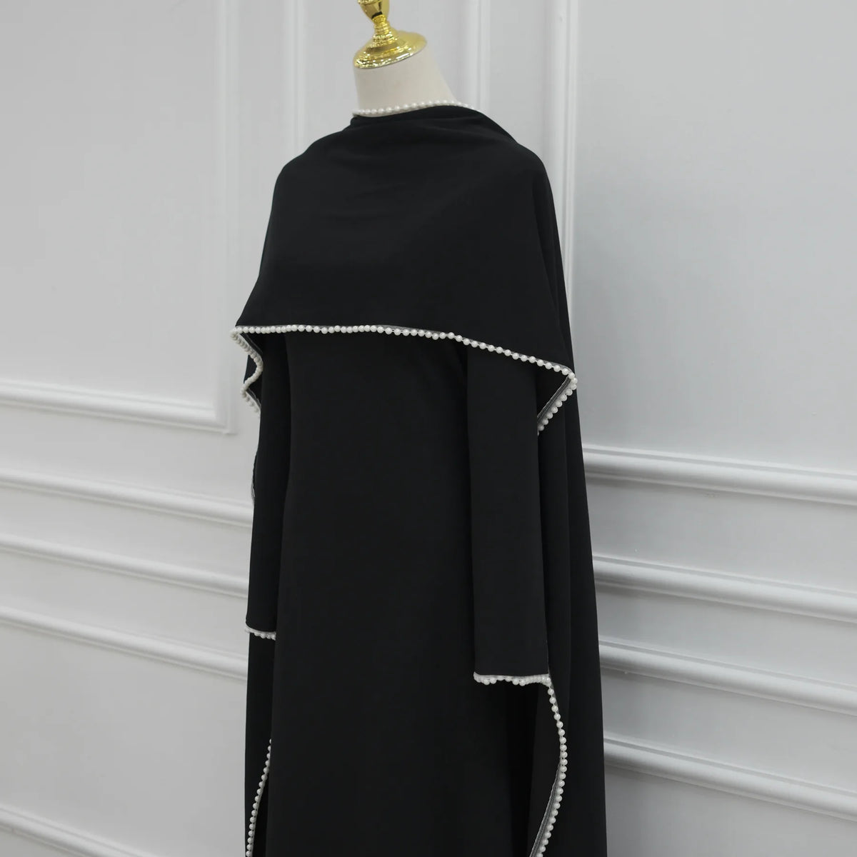 White Pearl Trim Cape Maxi Dress Women Elegant Long Sleeve Cinched Waist Muslim Robes 2026 Spring EID Abaya Lady Dresses