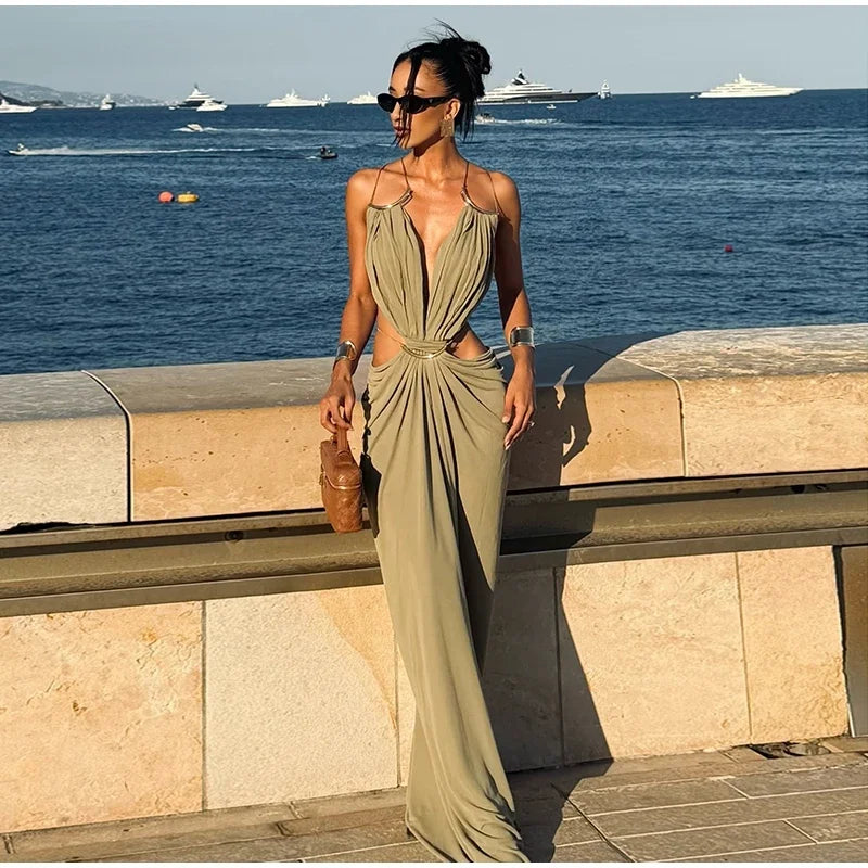 Sexy Hallow Out Long Party Dress Women Slim Sleeveless Backless Chic Pleated V-neck Ring Dresses Female 2026 Summer Lady Robe