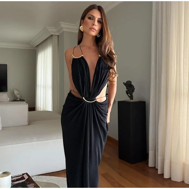 Sexy Hallow Out Long Party Dress Women Slim Sleeveless Backless Chic Pleated V-neck Ring Dresses Female 2026 Summer Lady Robe