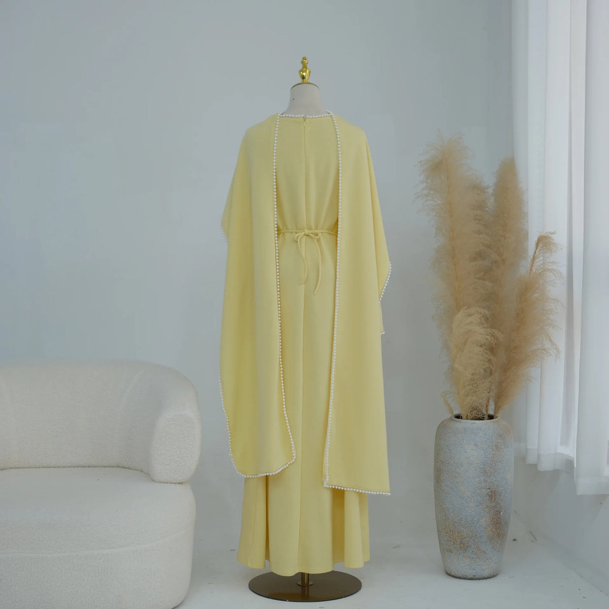 White Pearl Trim Cape Maxi Dress Women Elegant Long Sleeve Cinched Waist Muslim Robes 2026 Spring EID Abaya Lady Dresses