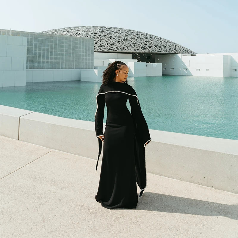 White Pearl Trim Cape Maxi Dress Women Elegant Long Sleeve Cinched Waist Muslim Robes 2026 Spring EID Abaya Lady Dresses