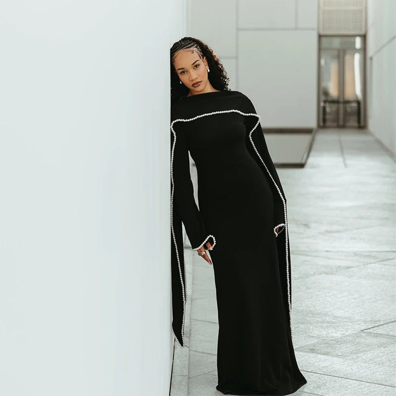 White Pearl Trim Cape Maxi Dress Women Elegant Long Sleeve Cinched Waist Muslim Robes 2026 Spring EID Abaya Lady Dresses