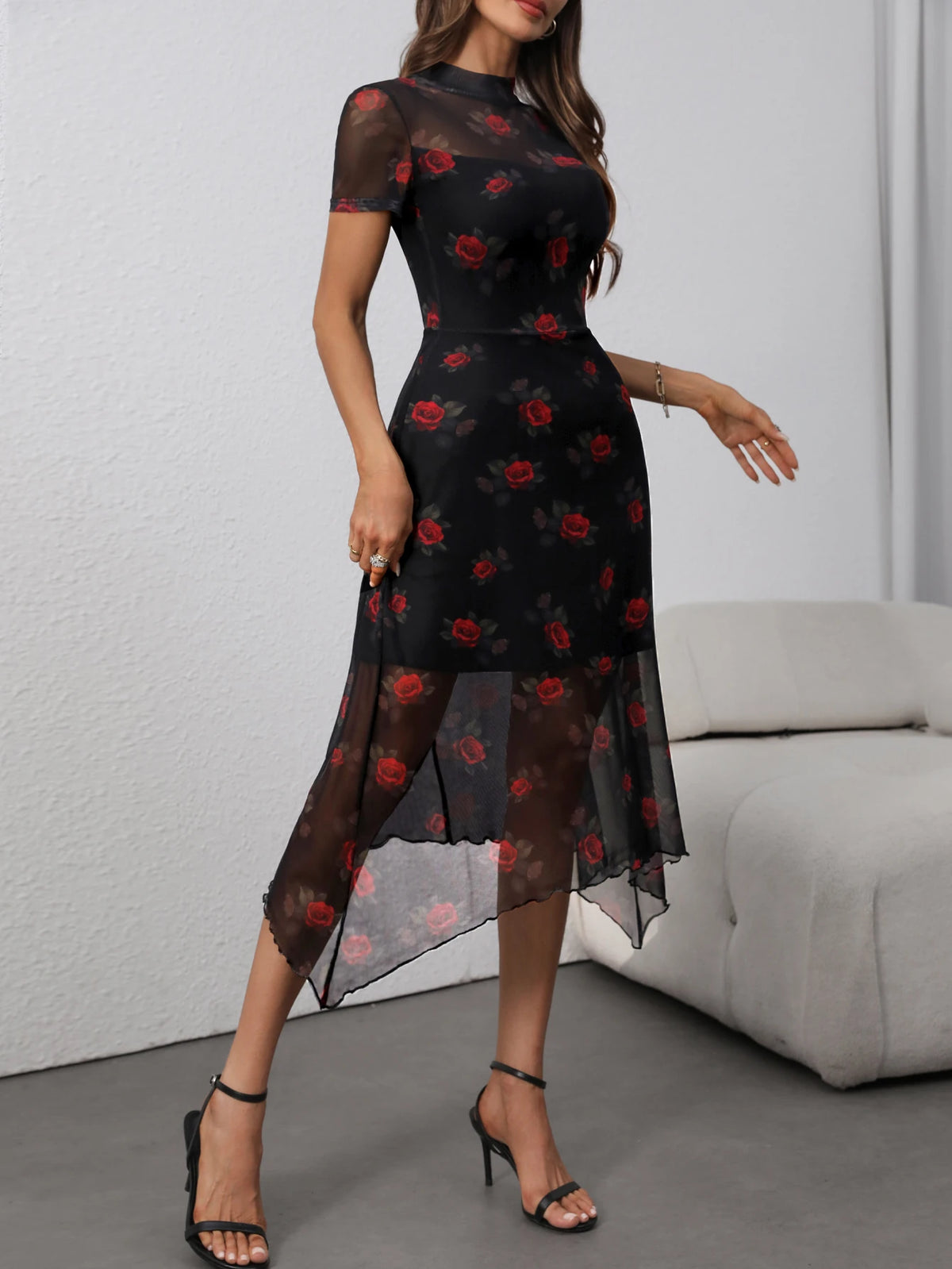 Goth Dark Elegant Fashion Florals Print Short Sleeve Mid Dress Fairy Grunge Mesh Patchwork Double Layer Dresses Gothic Techwear