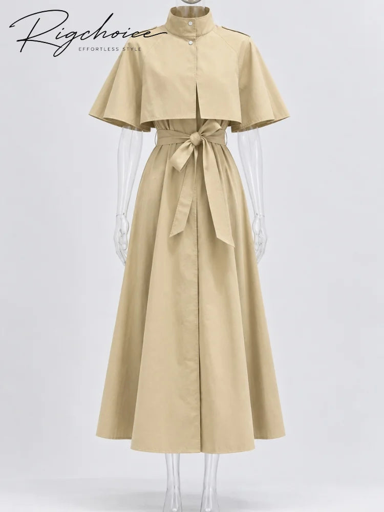 Women's Trench Style Midi Dress Stand Collar Cape Overlay Short Sleeve Belted Waist A‑Line Dresses Autumn Elegant Office Outfits