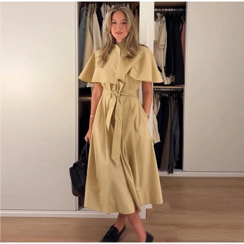 Women's Trench Style Midi Dress Stand Collar Cape Overlay Short Sleeve Belted Waist A‑Line Dresses Autumn Elegant Office Outfits