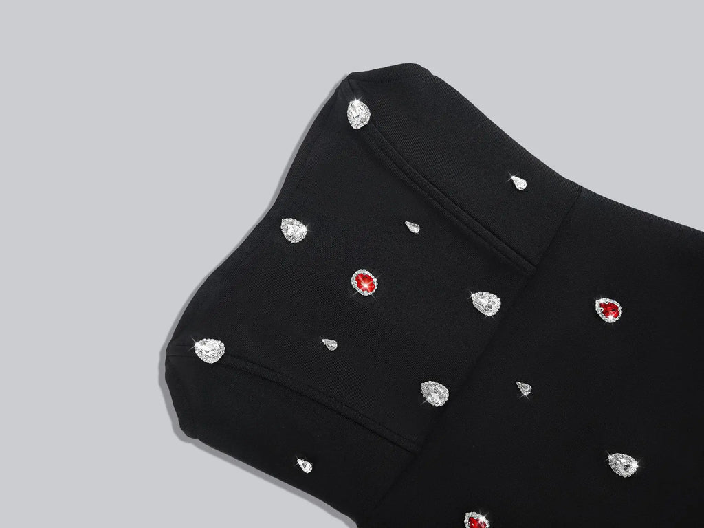 2025 New Spring Black Color Women Sexy Strapless Colorful Crystal Bodycon Mini Bandage Dress Nightclub Party Celebrate Outfit