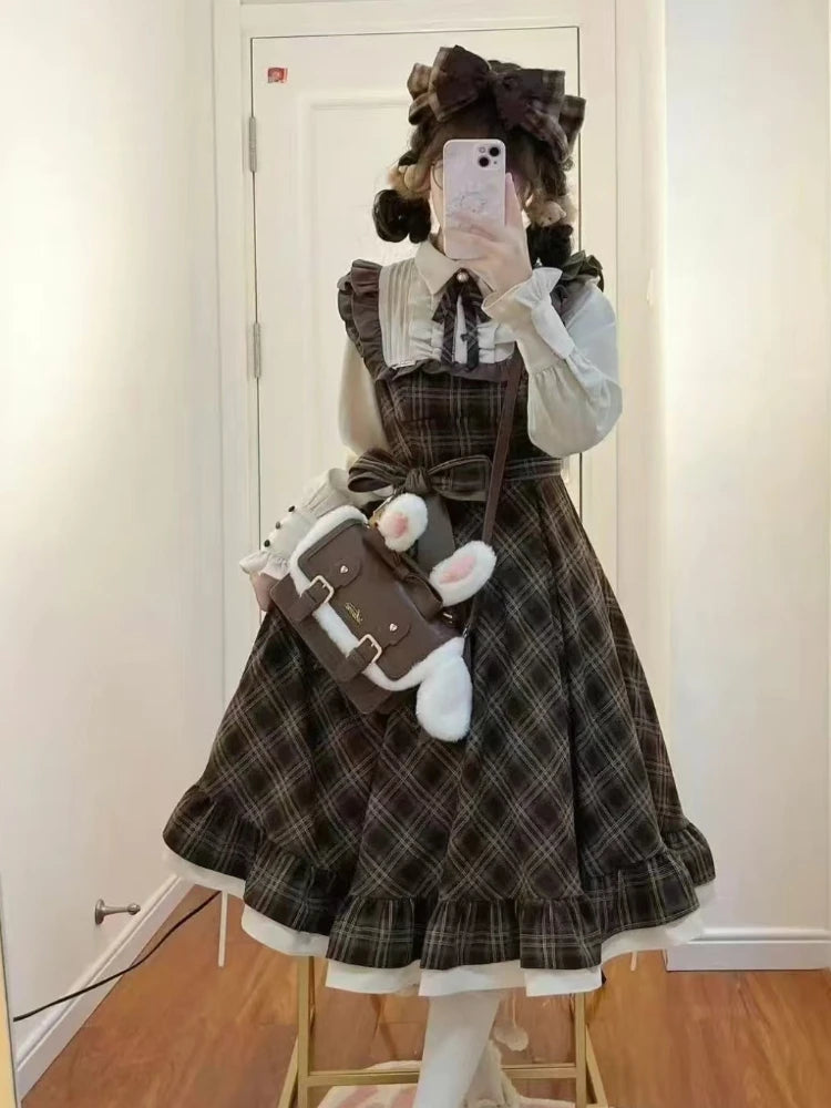France Elegant Vintage Plaid Dress Women Design Fashion Slim Lace Up Bow Long Sleeve Dresses Female Warm Retro Patchwork Outfits