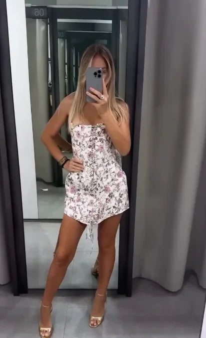 Floral Printed Off The Shoulder Lace‑up Mini Dress Strapless Waist-cinching Corset Short Dresses 2026 New Women's Party Outfits