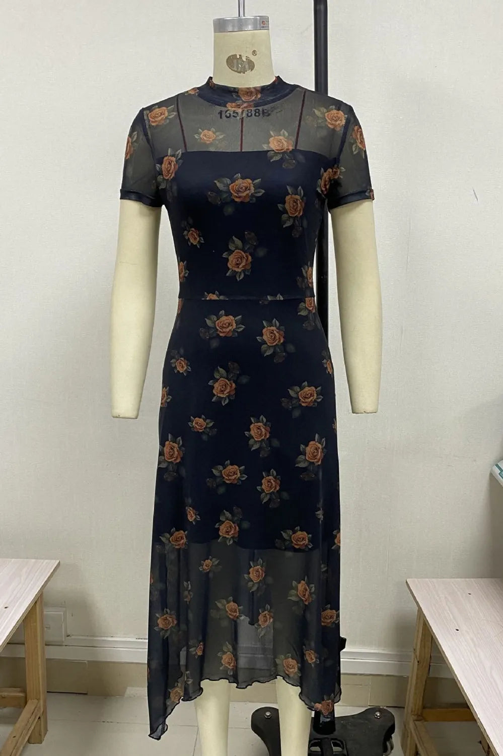 Goth Dark Elegant Fashion Florals Print Short Sleeve Mid Dress Fairy Grunge Mesh Patchwork Double Layer Dresses Gothic Techwear