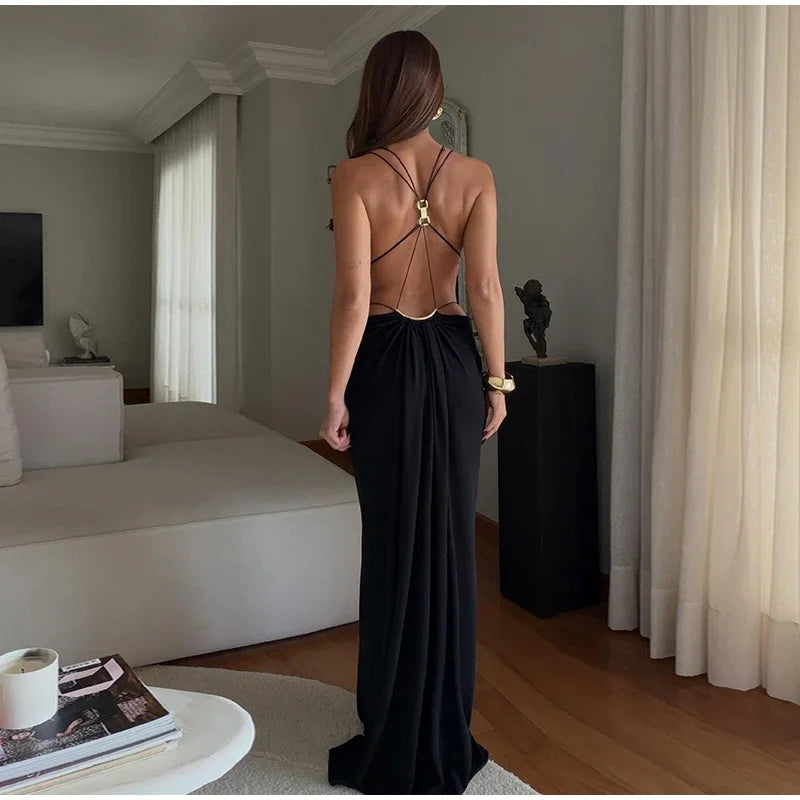 Sexy Hallow Out Long Party Dress Women Slim Sleeveless Backless Chic Pleated V-neck Ring Dresses Female 2026 Summer Lady Robe