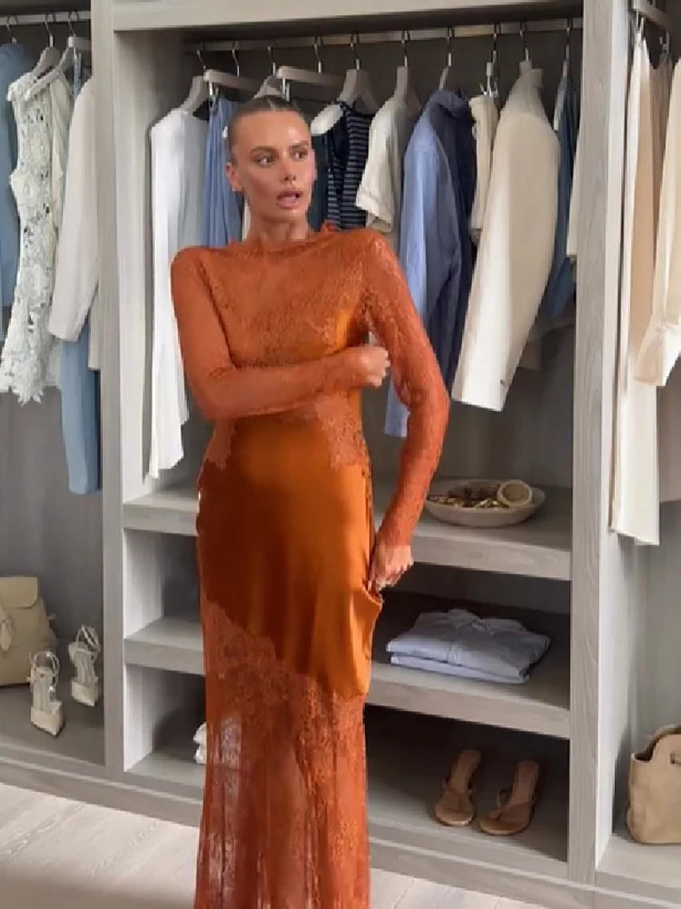 Elegant Women High Neck Lace Satin Patchwork Maxi Dress Long Sleeve Hollow Back Mermaid Hem Female Wedding Guest Party Dress