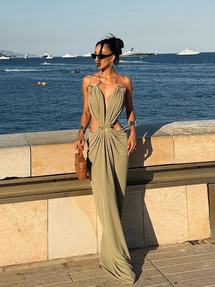 Sexy Hallow Out Long Party Dress Women Slim Sleeveless Backless Chic Pleated V-neck Ring Dresses Female 2026 Summer Lady Robe