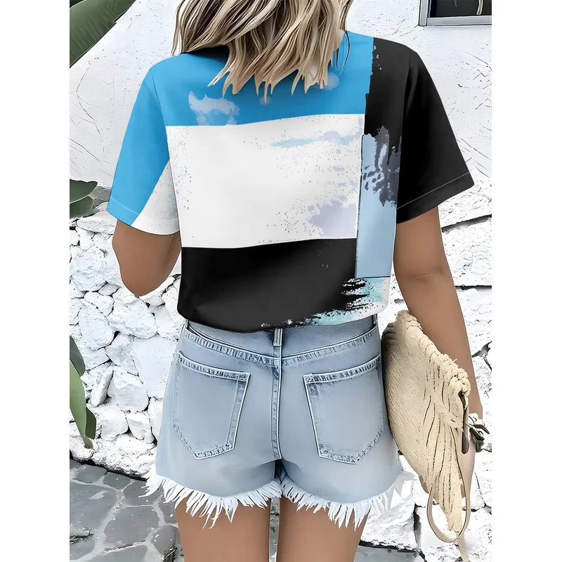 Women's Casual Short Sleeve Button Up Shirt Abstract Color Collar Top Machine Washable Non Iron Front Shirt for Spring Summer Of
