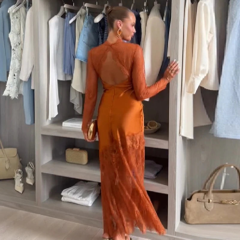 Women Slim Fit Lace Satin Mermaid Gown High Neck Long Sleeve Cutout Back Maxi Dress Female Formal Wedding Guest Party Dresses