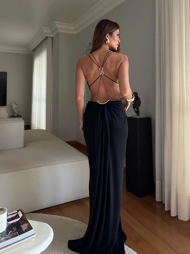 Sexy Hallow Out Long Party Dress Women Slim Sleeveless Backless Chic Pleated V-neck Ring Dresses Female 2026 Summer Lady Robe