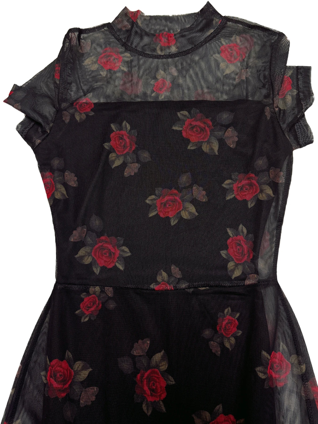 Goth Dark Elegant Fashion Florals Print Short Sleeve Mid Dress Fairy Grunge Mesh Patchwork Double Layer Dresses Gothic Techwear