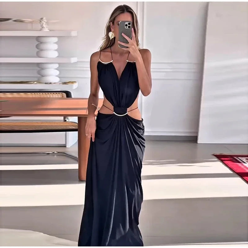 Sexy Hallow Out Long Party Dress Women Slim Sleeveless Backless Chic Pleated V-neck Ring Dresses Female 2026 Summer Lady Robe